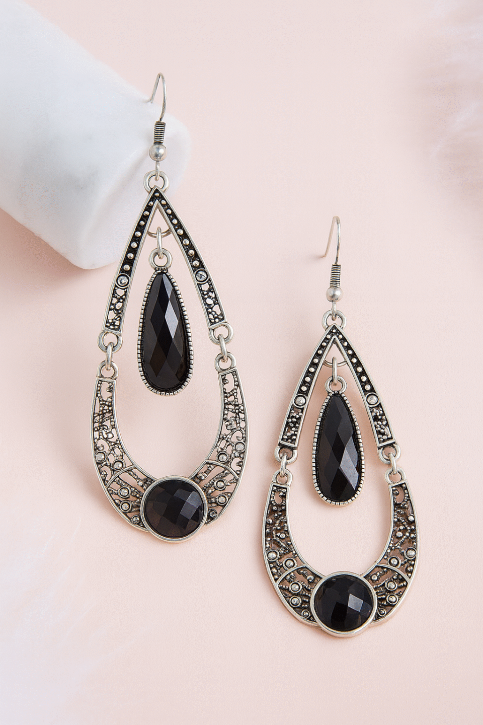 Vintage Black Stone Teardrop Dangle Earrings 6