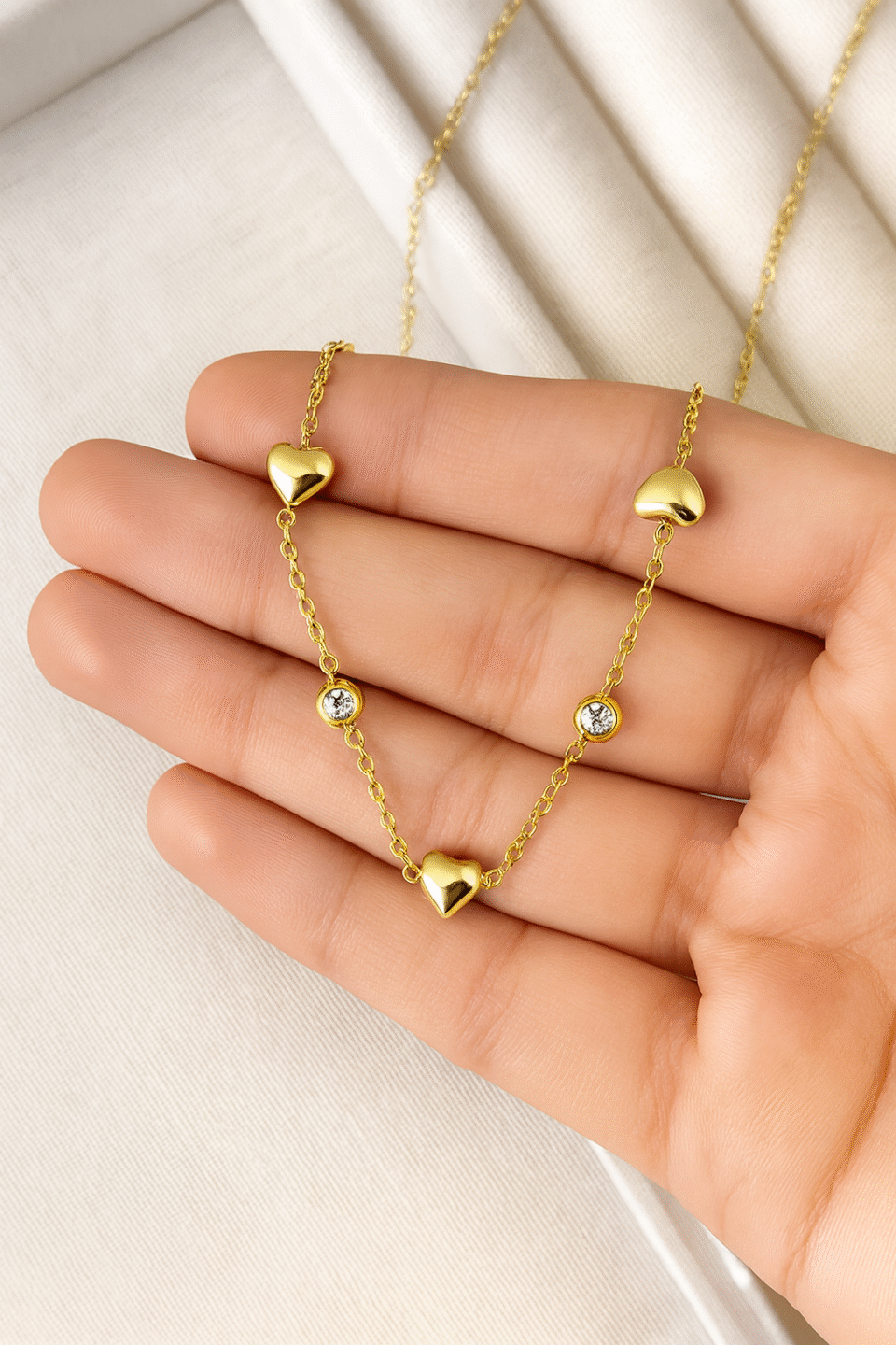 Stainless Steel Gold-Plated Heart & CZ Necklace for Women