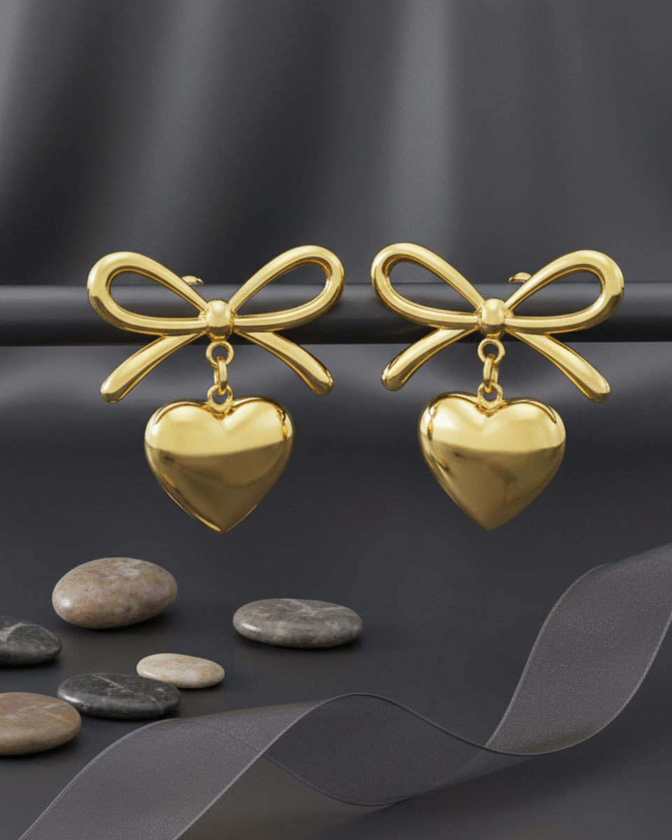 Bow & Heart Drop Earrings – Romantic Gold Plated