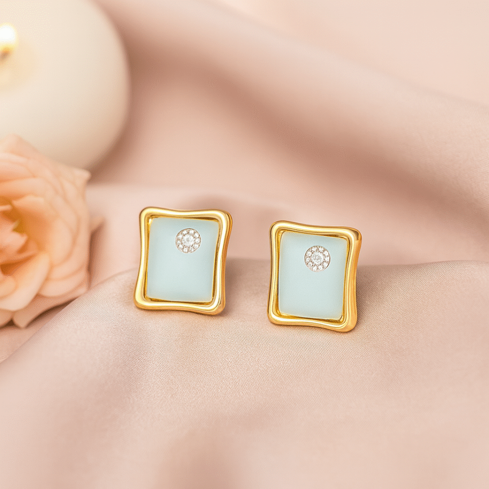 Anti-Tarnish Rectangular Gold Frame Earrings with Sparkling Stone | Charmiq