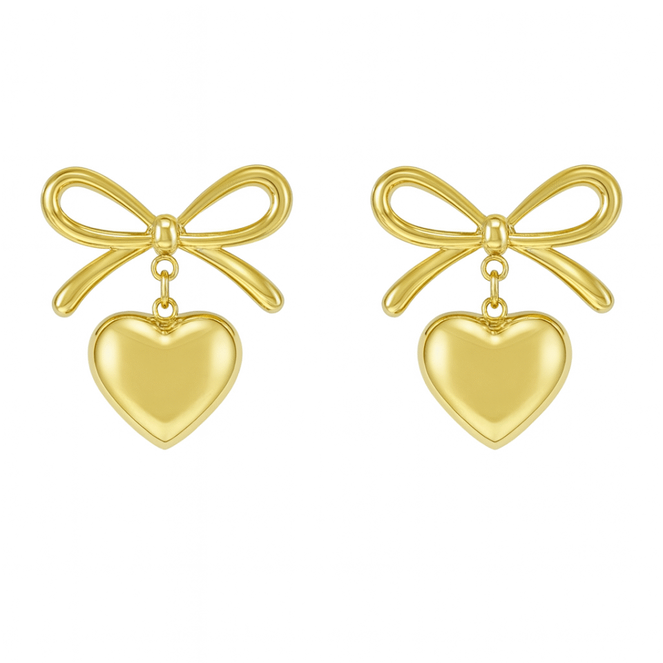 Bow Heart Drop Earrings Romantic Gold Plated 3
