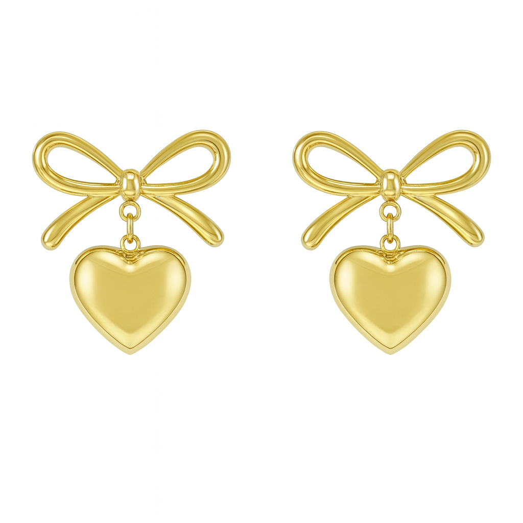 Bow Heart Drop Earrings Romantic Gold Plated 3