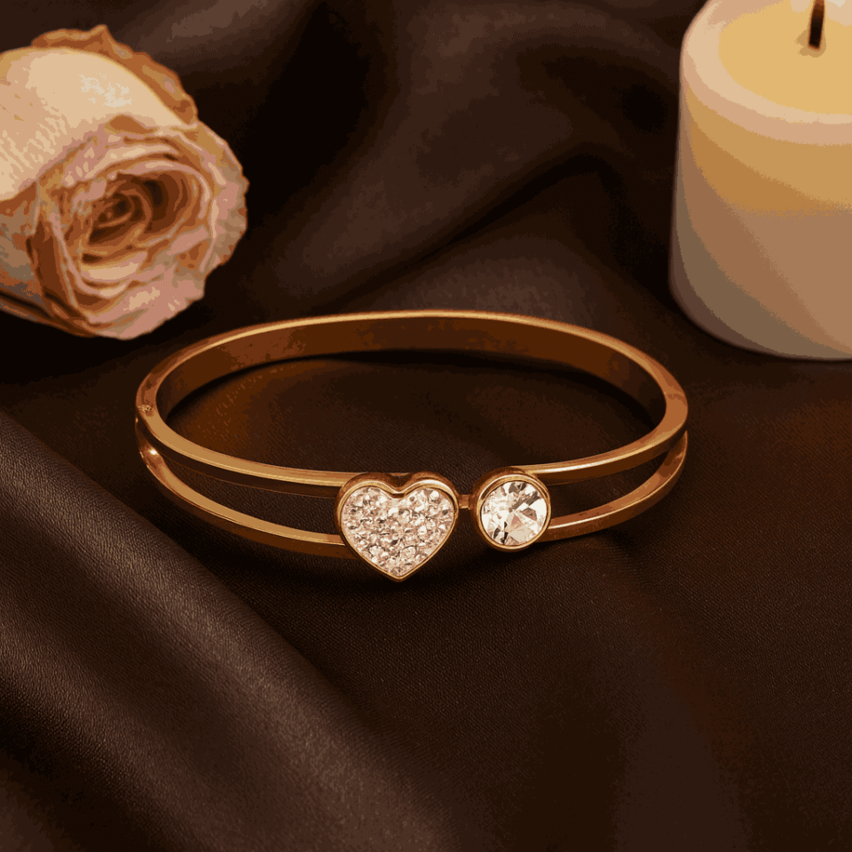 Double Band Heart & Solitaire Open Bangle – Gold Plated