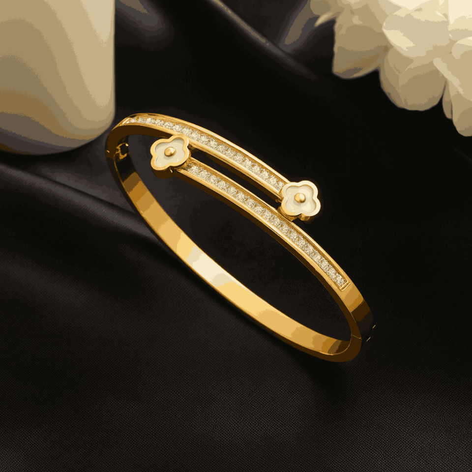 Twin Row White Clover Bangle – Gold Plated