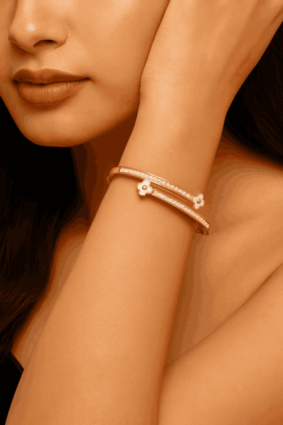 Twin Row White Clover Bangle Gold Plated 5