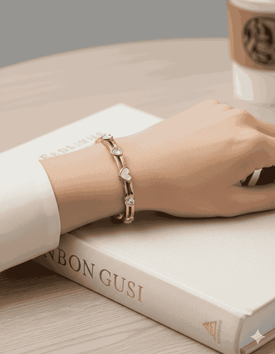 White Heart Enamel Bangle Gold Plated 6