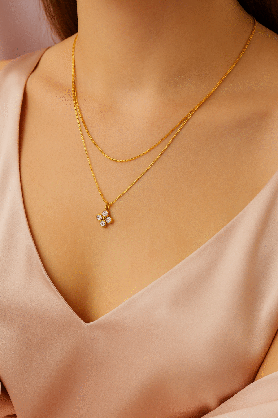 Charmiq Double Layered Necklace with Crystal Clover Pendant | 18K Gold Plated Stainless Steel | Anti-Tarnish Hypoallergenic Jewellery