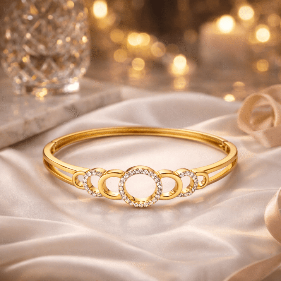 18K Gold Plated Anti-Tarnish Bracelet for Women | CZ Interlocking Circle Bangle | Waterproof Sweat-Proof Hypoallergenic Everyday Fashion Jewellery