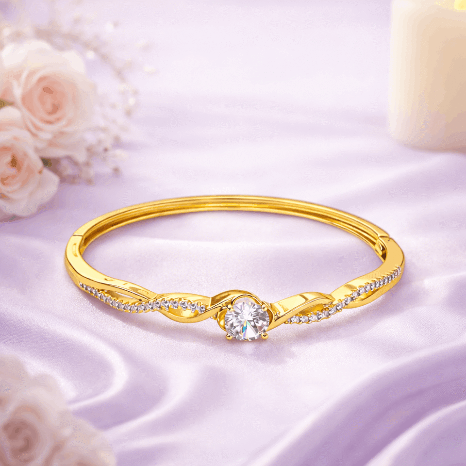 18K Gold Plated Twisted Bangle for Women with Crystal CZ Stone