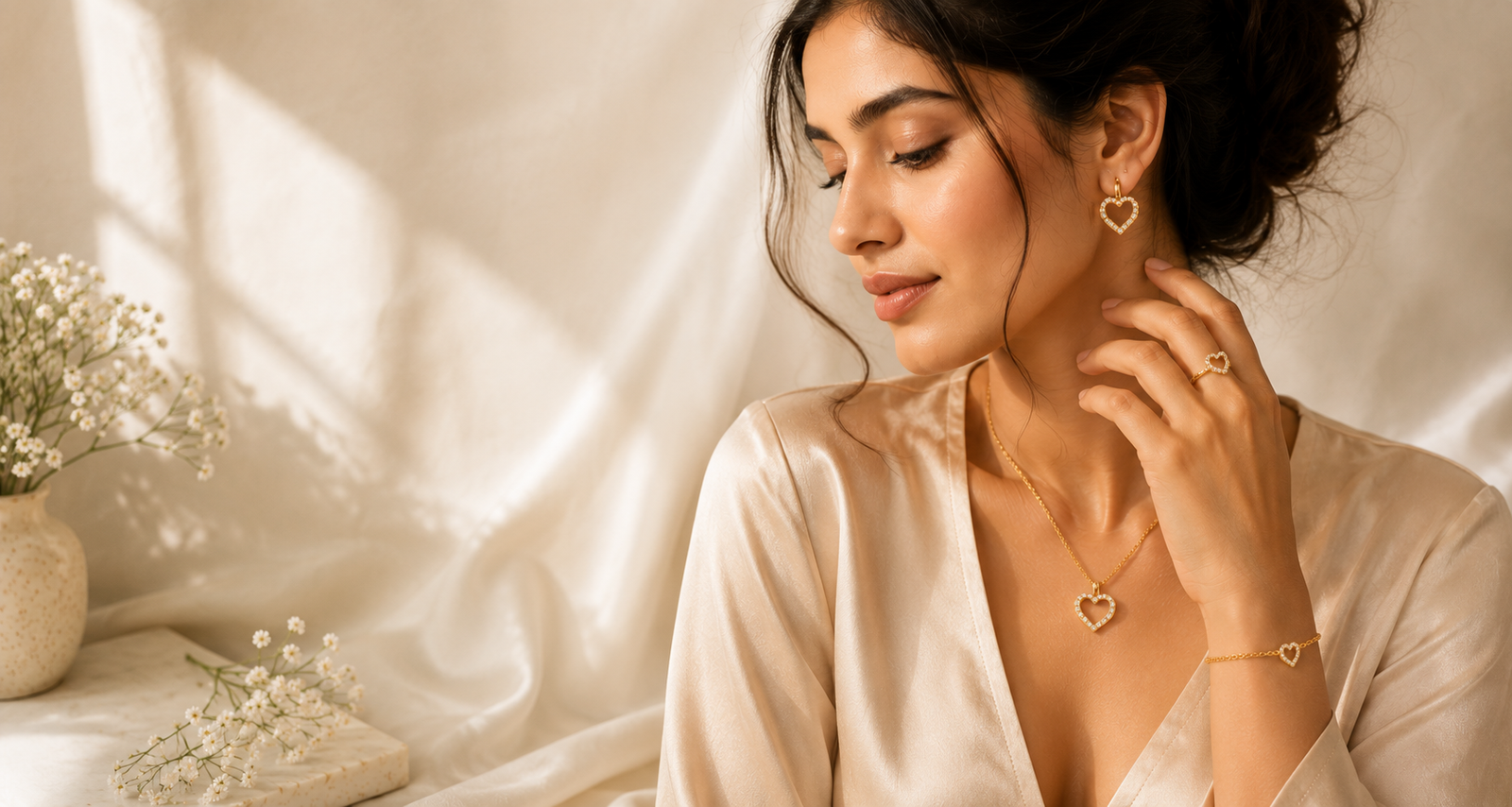 Woman wearing elegant Charmiq earrings, necklace and bracelet