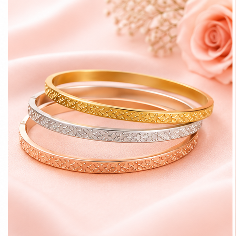 Tri-Colour Embossed Bangle Set of 3 — Gold, Rose Gold & Silver Stackable Bracelets