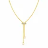 18K gold plated adjustable lariat necklace with a crystal bar slider and two pearl drops on a white background