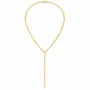 18K gold plated Y-shaped lariat necklace with polished bar stations on a fine curb chain and a three-bar drop, on a white background