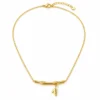 18K gold plated bamboo bar pendant necklace with a small dangling leaf charm on a fine cable chain, on a white background