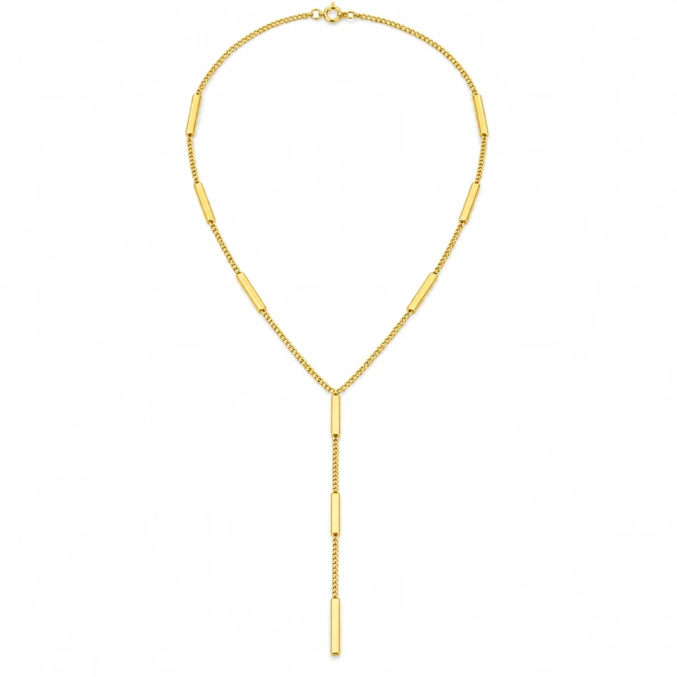 18K gold plated Y-shaped lariat necklace with polished bar stations on a fine curb chain and a three-bar drop, on a white background