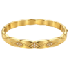 18K gold plated hinged bangle with a faceted quilted diamond pattern and three crystal clusters on a white background