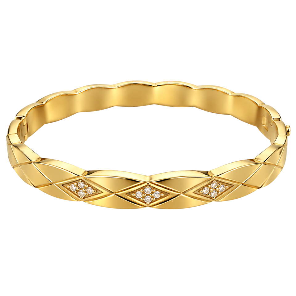18K gold plated hinged bangle with a faceted quilted diamond pattern and three crystal clusters on a white background