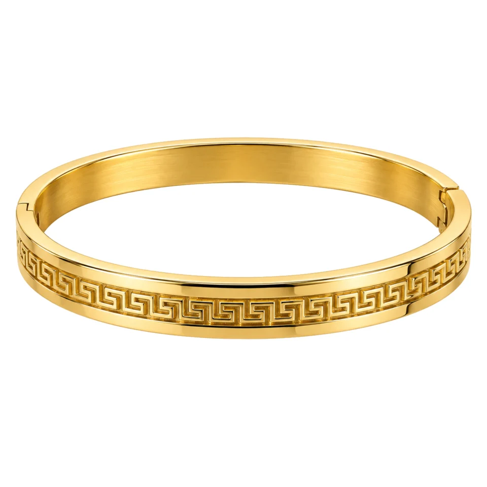 18K gold plated hinged bangle with a raised Greek key pattern around the band on a white background