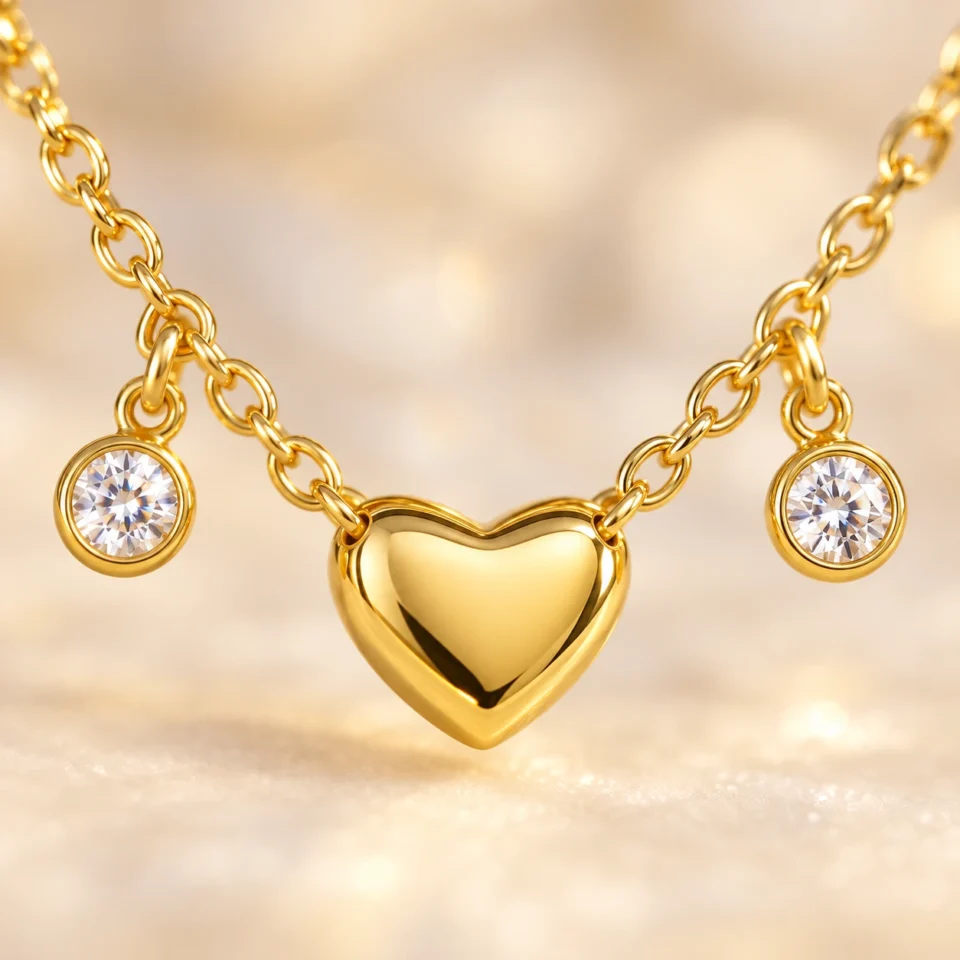 18K gold plated chain bracelet with three puffy heart charms and four bezel-set crystal drops, with lobster clasp and extender, on a white background