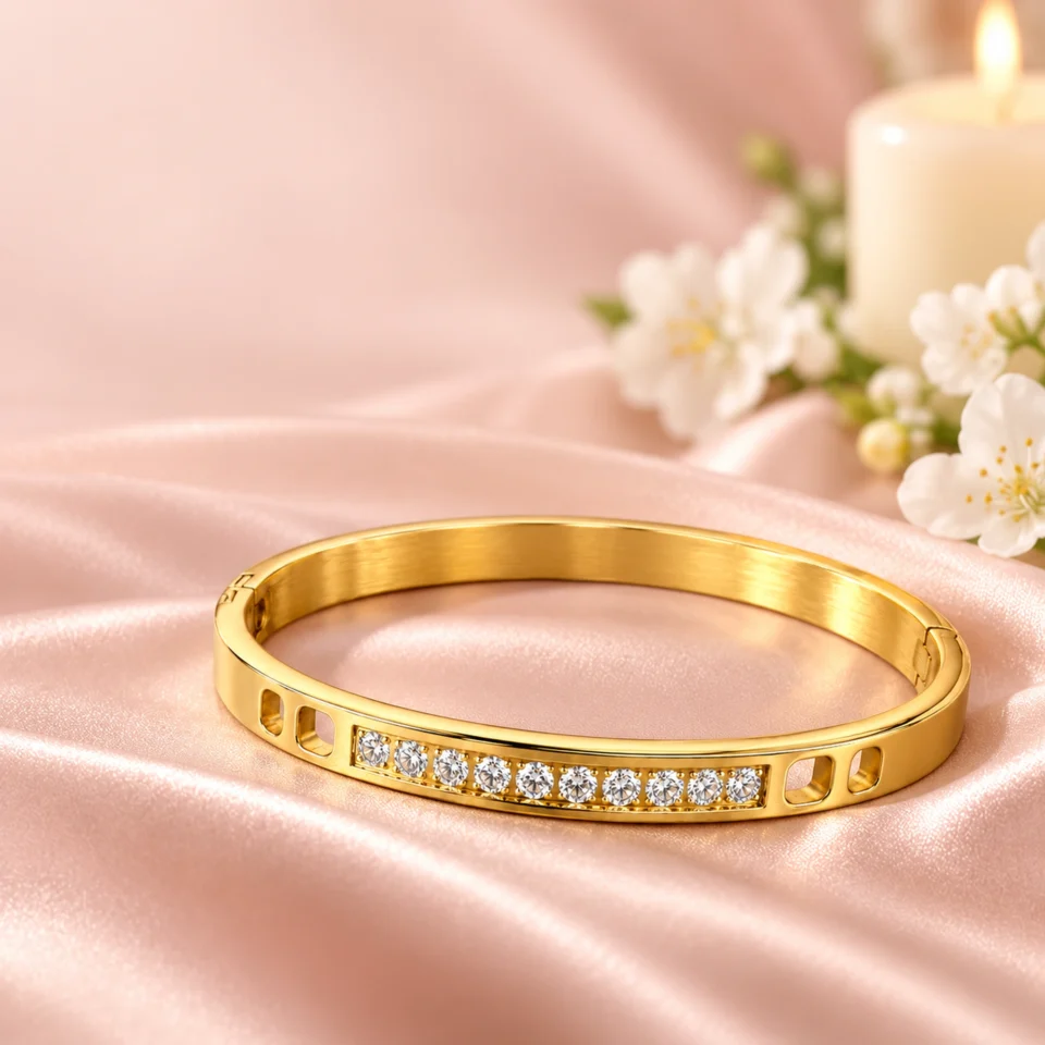 Charmiq Crystal Bar Cut-Out Bangle – 18K Gold Plated Hinged Bracelet