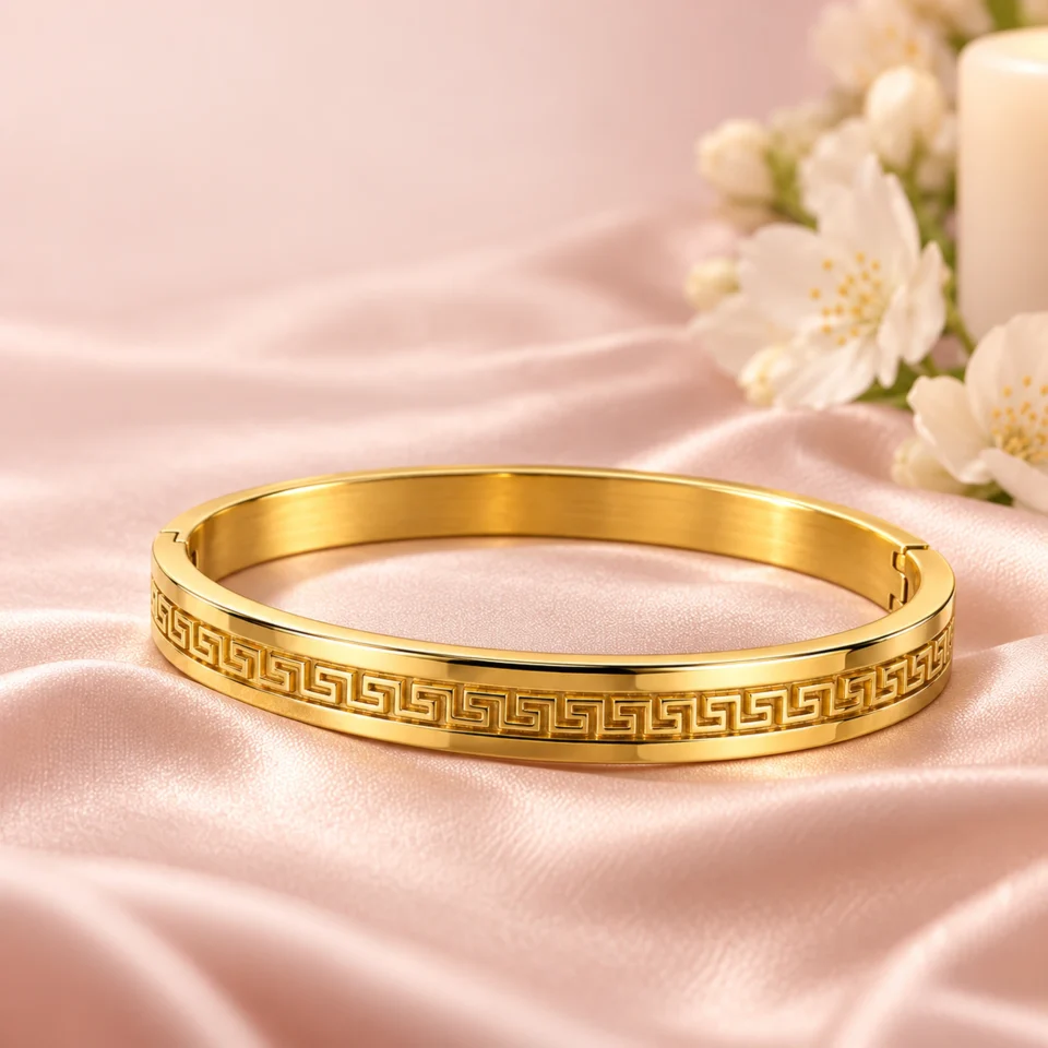 Charmiq Greek Key Bangle – 18K Gold Plated Hinged Bracelet
