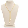 18K gold plated adjustable lariat necklace with a crystal bar slider and two pearl drops on a white background