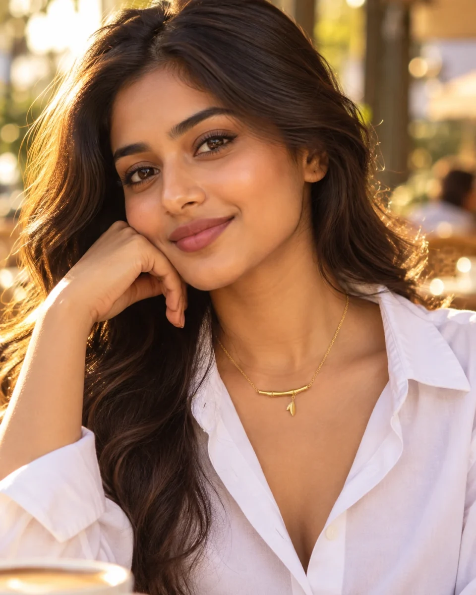 18K gold plated bamboo bar pendant necklace with a small dangling leaf charm on a fine cable chain, on a white background