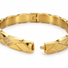 18K gold plated hinged bangle with a faceted quilted diamond pattern and three crystal clusters on a white background