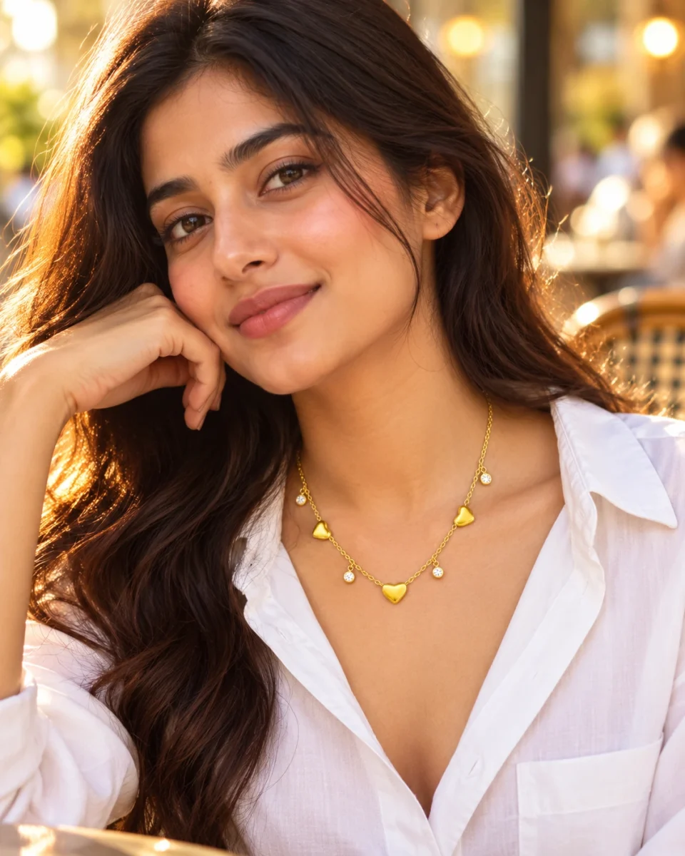 18K gold plated chain bracelet with three puffy heart charms and four bezel-set crystal drops, with lobster clasp and extender, on a white background