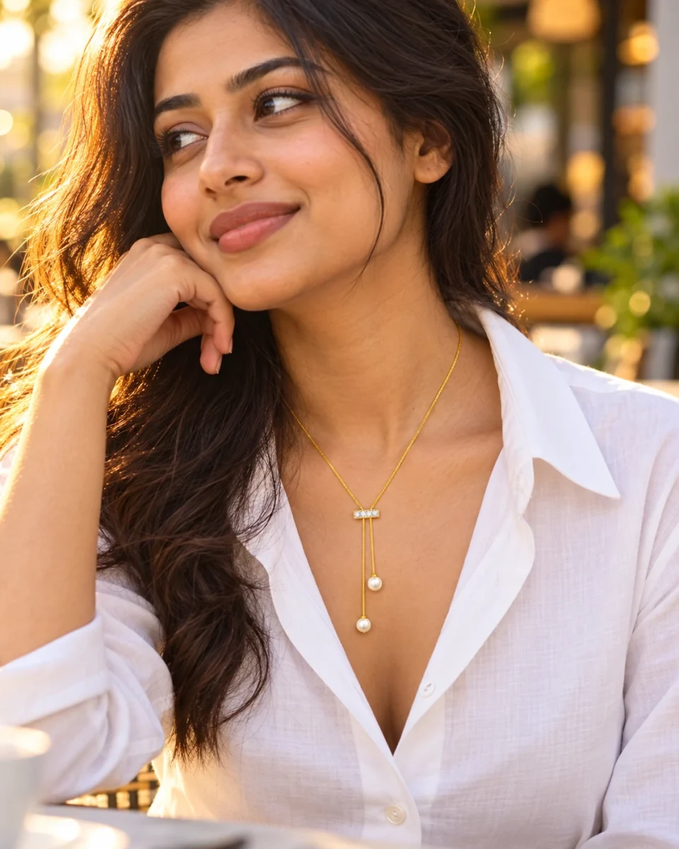 18K gold plated adjustable lariat necklace with a crystal bar slider and two pearl drops on a white background