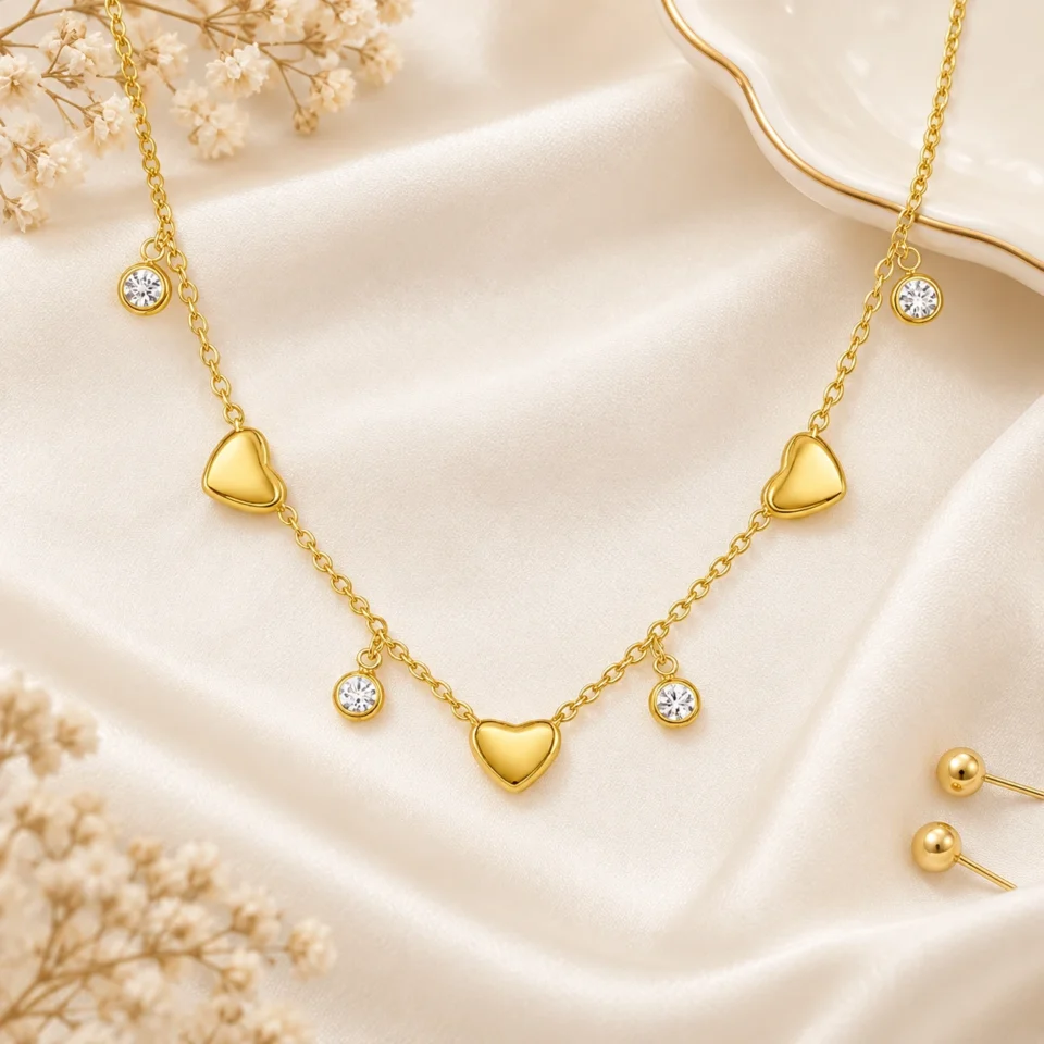 Charmiq Heart & Crystal Charm Necklace – 18K Gold Plated