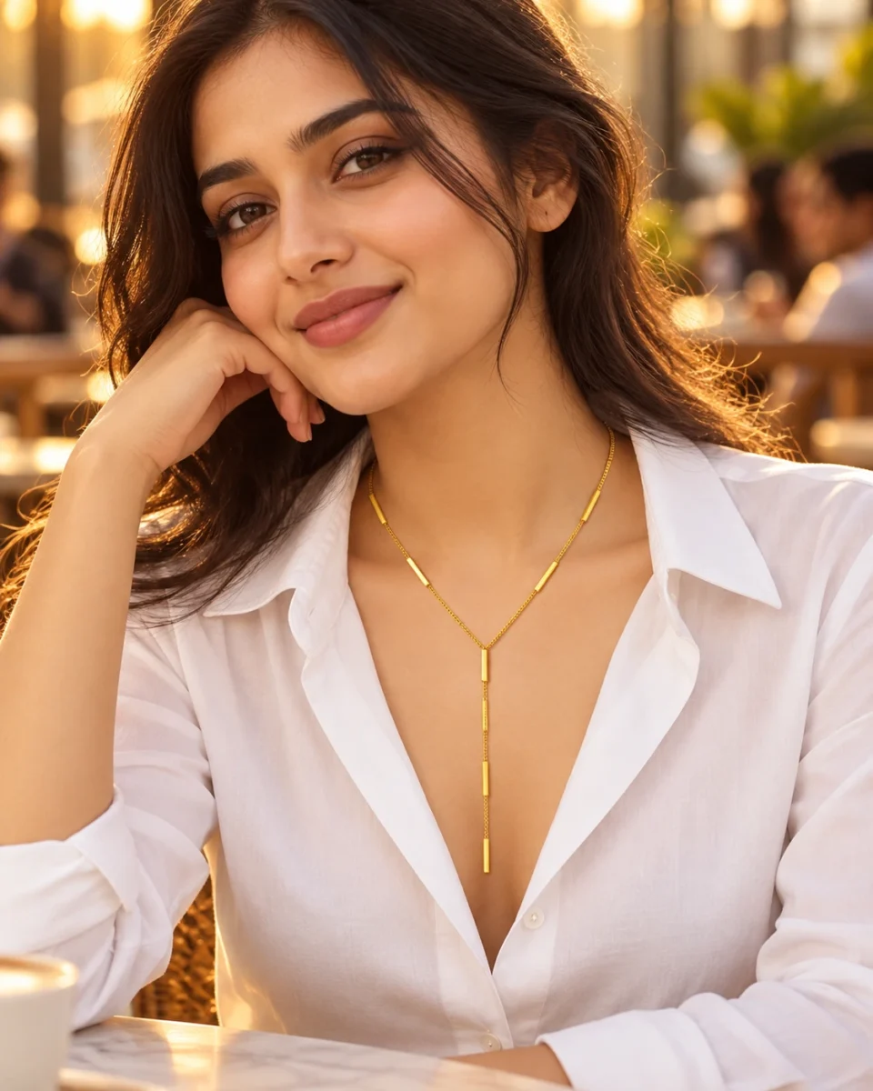 18K gold plated Y-shaped lariat necklace with polished bar stations on a fine curb chain and a three-bar drop, on a white background