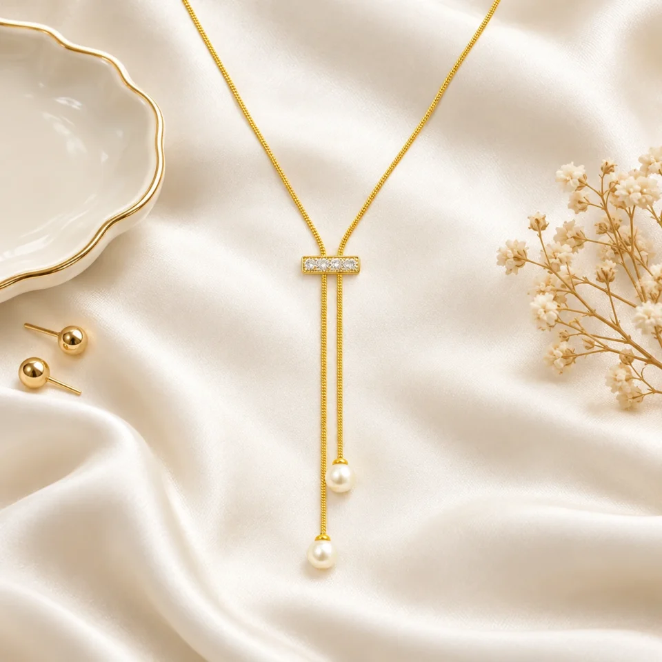 Charmiq Pearl Drop Slider Lariat Necklace – 18K Gold Plated