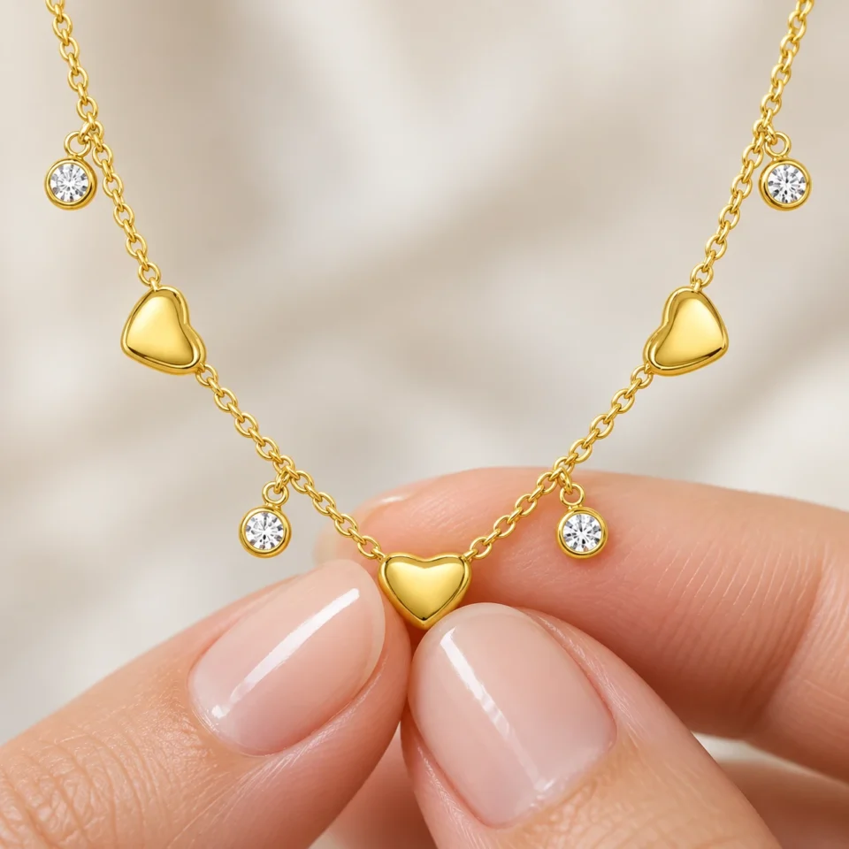 18K gold plated chain bracelet with three puffy heart charms and four bezel-set crystal drops, with lobster clasp and extender, on a white background