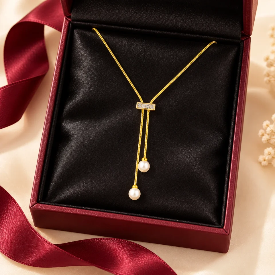 18K gold plated adjustable lariat necklace with a crystal bar slider and two pearl drops on a white background