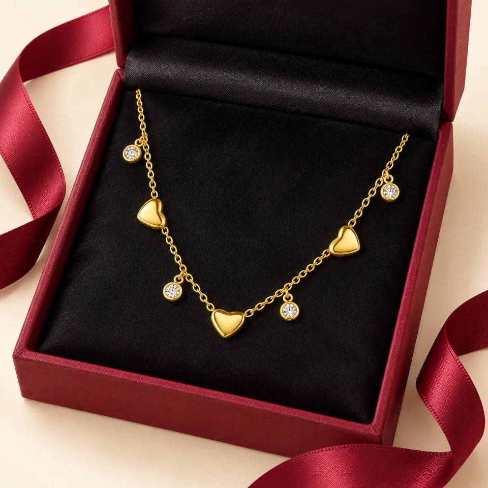 18K gold plated chain bracelet with three puffy heart charms and four bezel-set crystal drops, with lobster clasp and extender, on a white background