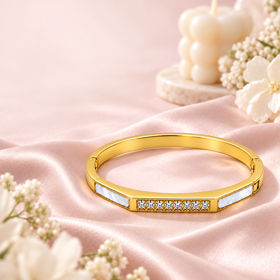 Charmiq Pearl Glow Crystal Bar Bangle – 18K Gold Plated Hinged Bracelet