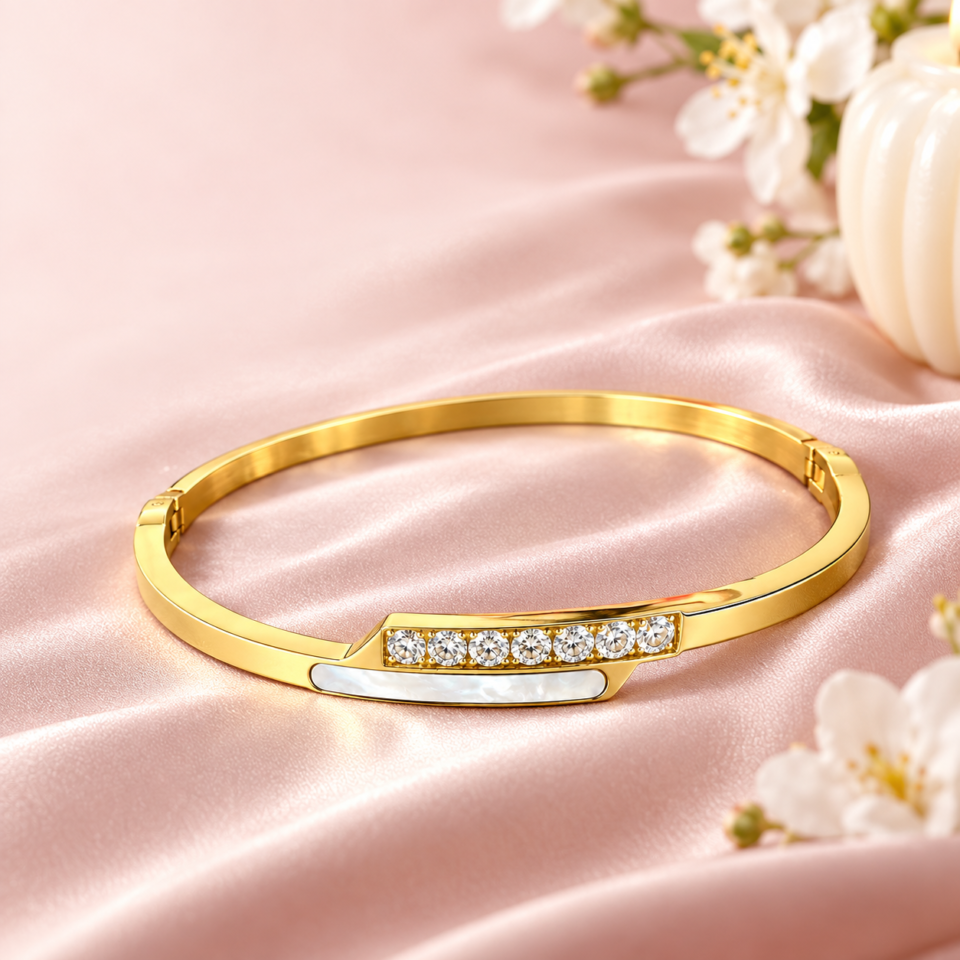 Charmiq Crossover Crystal & Pearl Bangle – 18K Gold Plated Hinged Bracelet