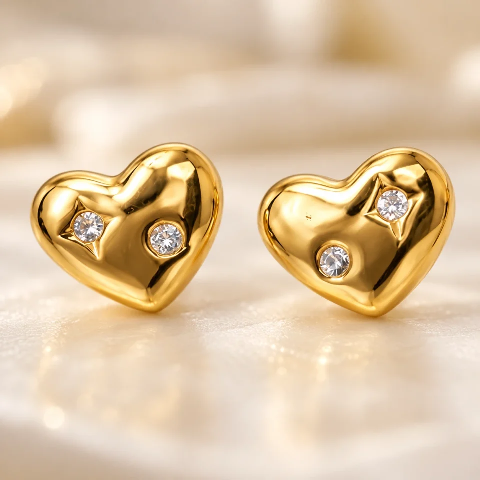 Charmiq Starry Puffy Heart Stud Earrings – 18K Gold Plated